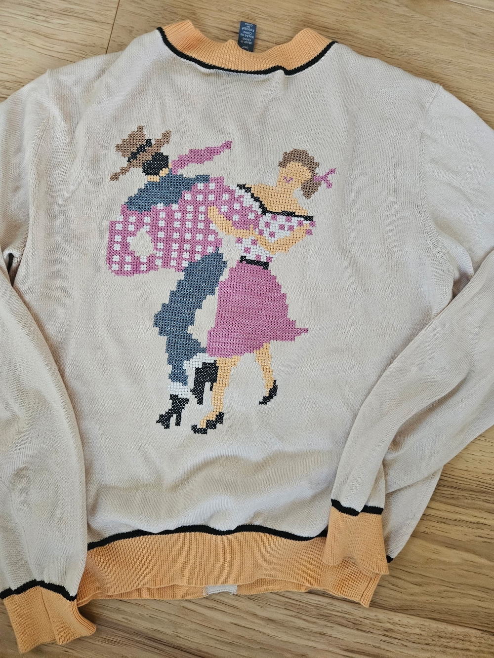 Modcloth Cream Sweater with Pink and Blue Dance Couple Motif